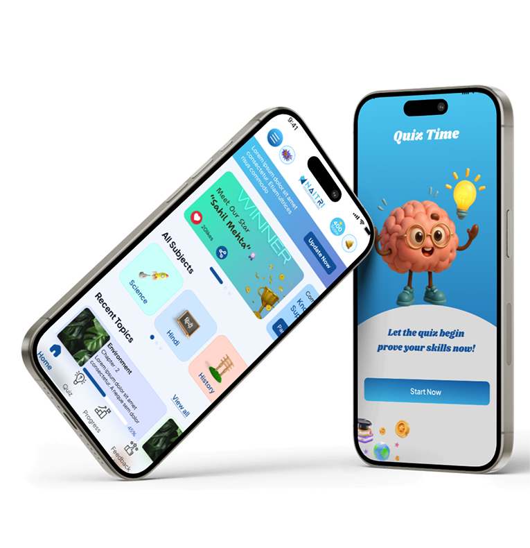 Two Naitri App screens showing the learning home and a quiz