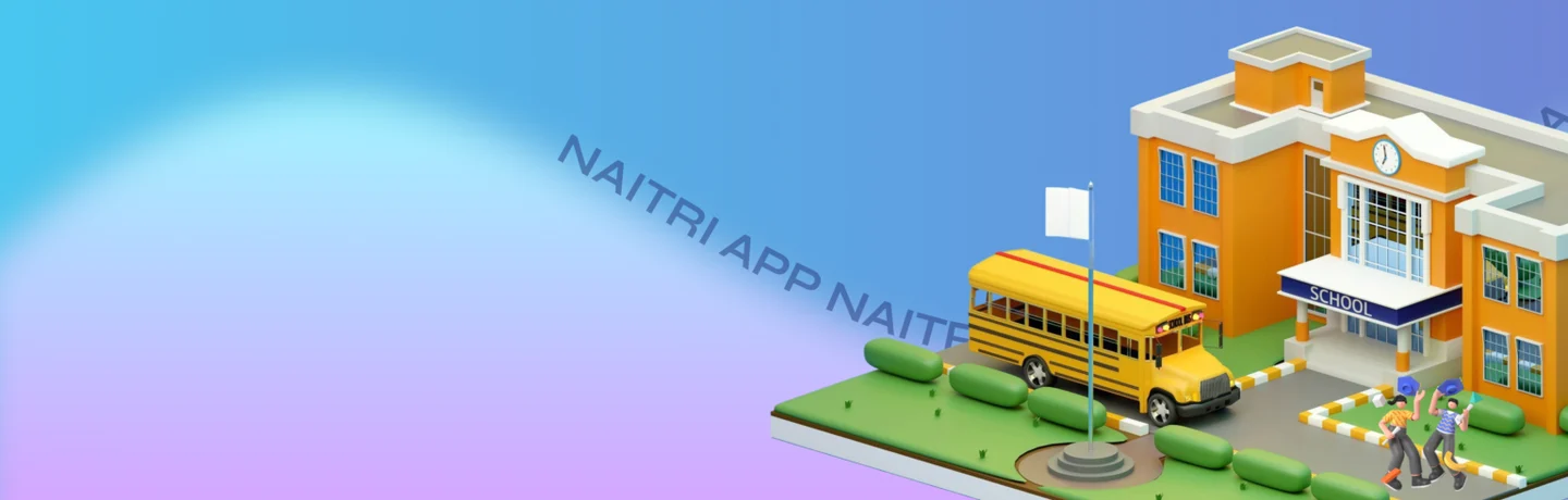 Illustration of a school campus with a school bus and students